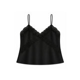 A black satin camisole top with thin spaghetti straps and intricate lace trim along the V-neckline and across the bust, displayed on a solid white background.