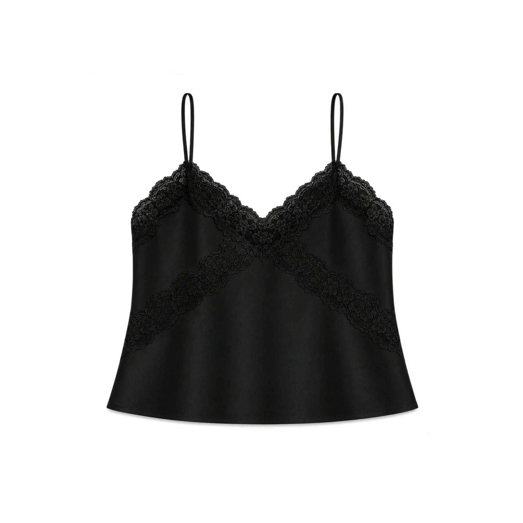 A black satin camisole top with thin spaghetti straps and intricate lace trim along the V-neckline and across the bust, displayed on a solid white background.