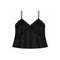 A black satin camisole top with thin spaghetti straps and intricate lace trim along the V-neckline and across the bust, displayed on a solid white background.
