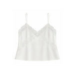 An off-white satin camisole top with thin spaghetti straps and delicate floral lace trim along the V-neckline and across the bust, displayed on a solid white background.