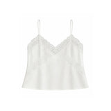 An off-white satin camisole top with thin spaghetti straps and delicate floral lace trim along the V-neckline and across the bust, displayed on a solid white background.