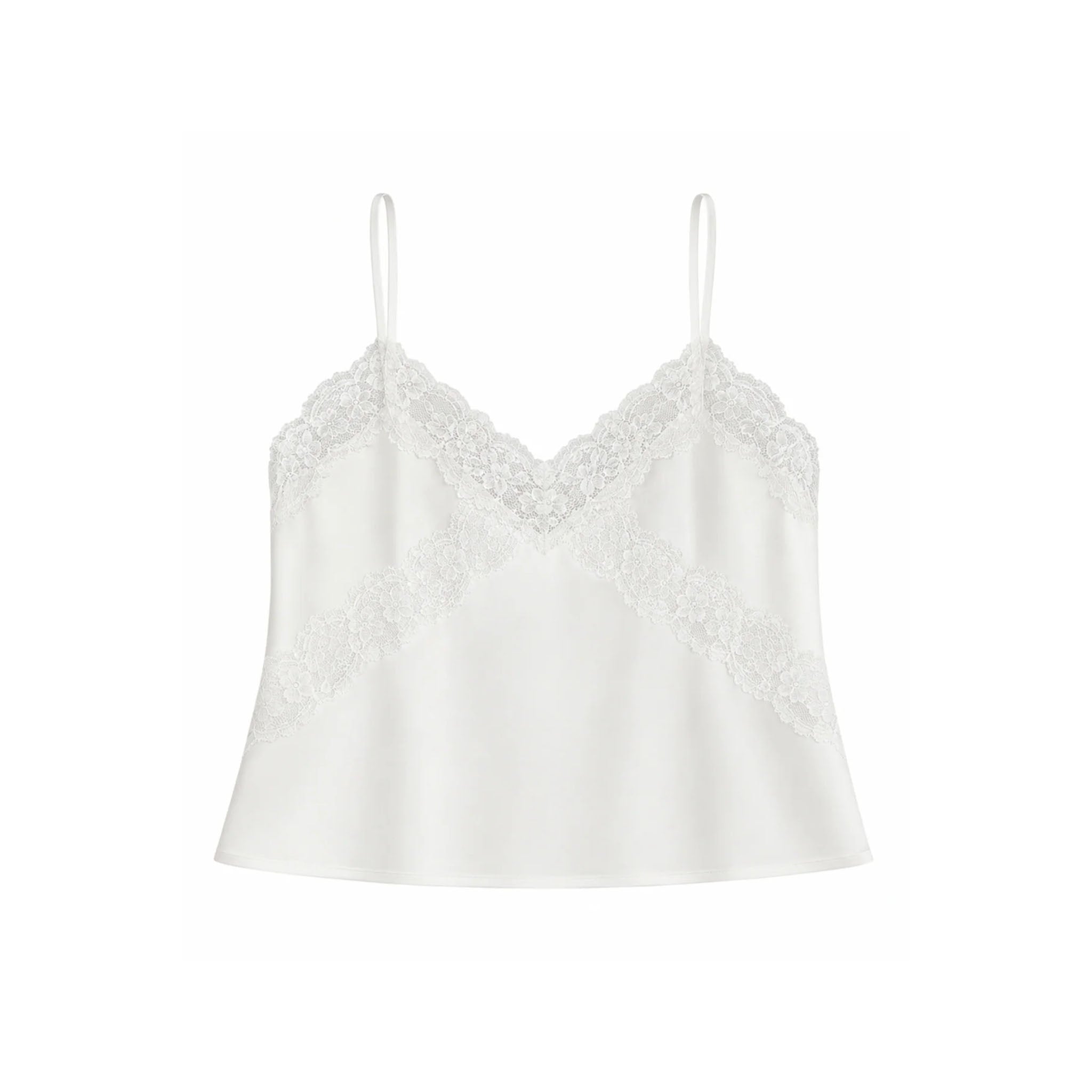 An off-white satin camisole top with thin spaghetti straps and delicate floral lace trim along the V-neckline and across the bust, displayed on a solid white background.