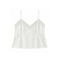 An off-white satin camisole top with thin spaghetti straps and delicate floral lace trim along the V-neckline and across the bust, displayed on a solid white background.