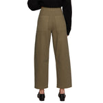 A person shown from the back wearing high-waisted wide-leg trousers in an olive khaki color, paired with a black long-sleeve top and black shoes, against a plain white background.
