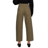 A person shown from the back wearing high-waisted wide-leg trousers in an olive khaki color, paired with a black long-sleeve top and black shoes, against a plain white background.