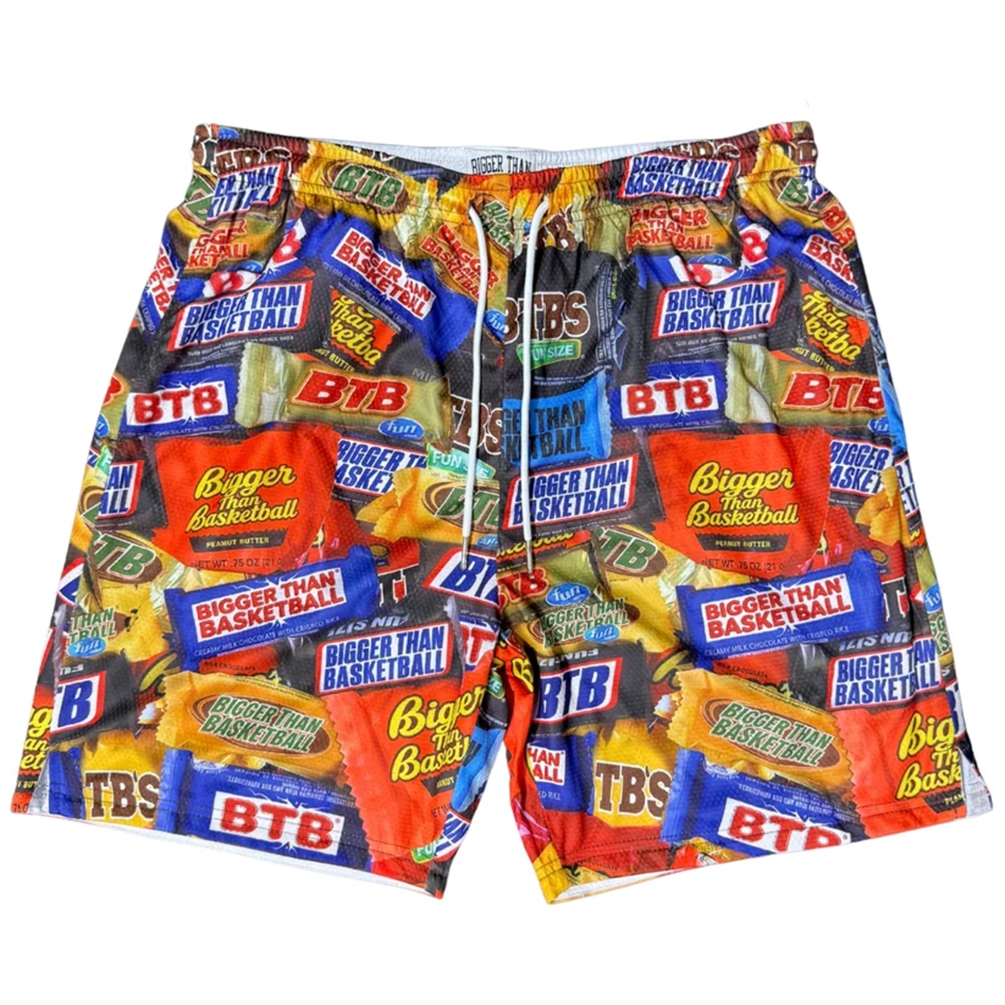 A pair of men's athletic shorts featuring an all-over print of various candy packages, including BTB, and Bigger Than Basketball, on a plain white background.