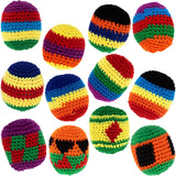Colorful crocheted balls, also known as hackey sacks, with various patterns on a white background
