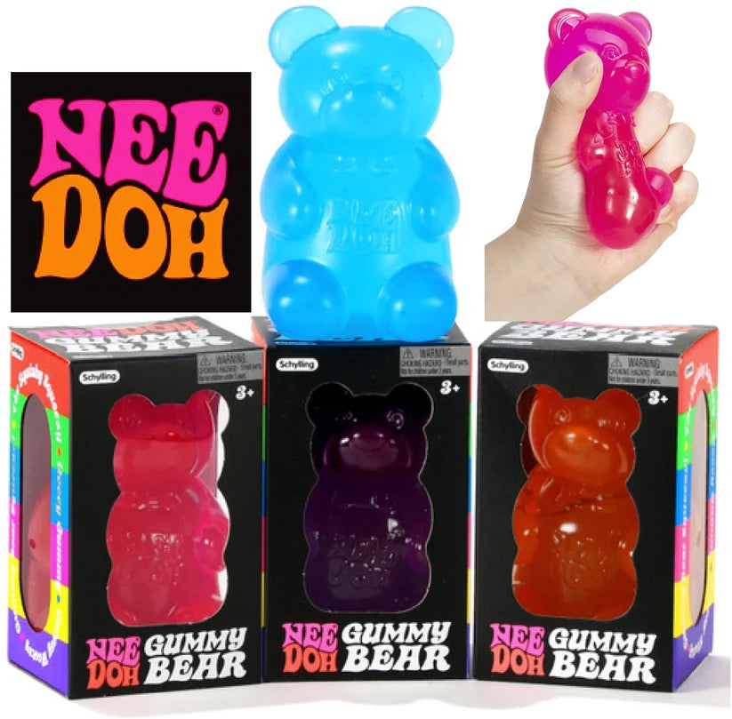 NeeDoh Gummy Bear toys in different translucent colors (pink, purple, orange) shown alongside a large blue bear and a hand squeezing a pink bear,
