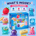 A colorful promotional graphic for a 'Squishy Fun Box' showing the blue product box in the center with labeled mystery squishies around it, including strawberry, bun, snow ice cube, ocean ice cube, starry globe, butter, and Highland cow squishies, plus text reading 'What's Inside? 8 Mystery Squishies!'.