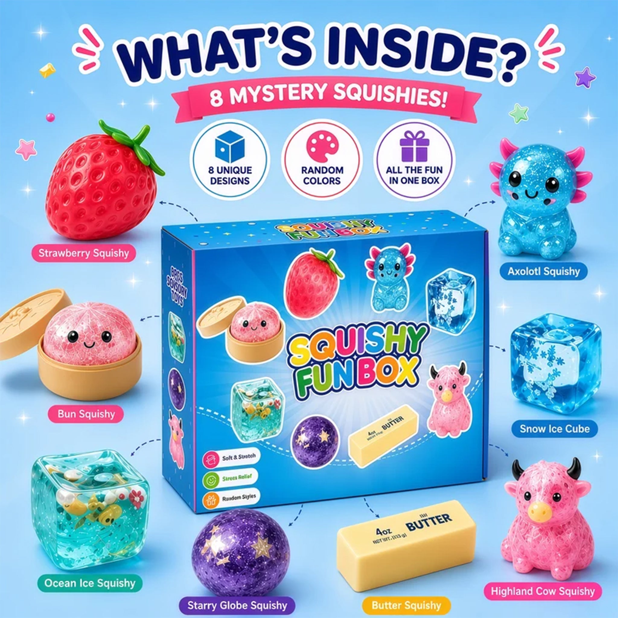 A colorful promotional graphic for a 'Squishy Fun Box' showing the blue product box in the center with labeled mystery squishies around it, including strawberry, bun, snow ice cube, ocean ice cube, starry globe, butter, and Highland cow squishies, plus text reading 'What's Inside? 8 Mystery Squishies!'.