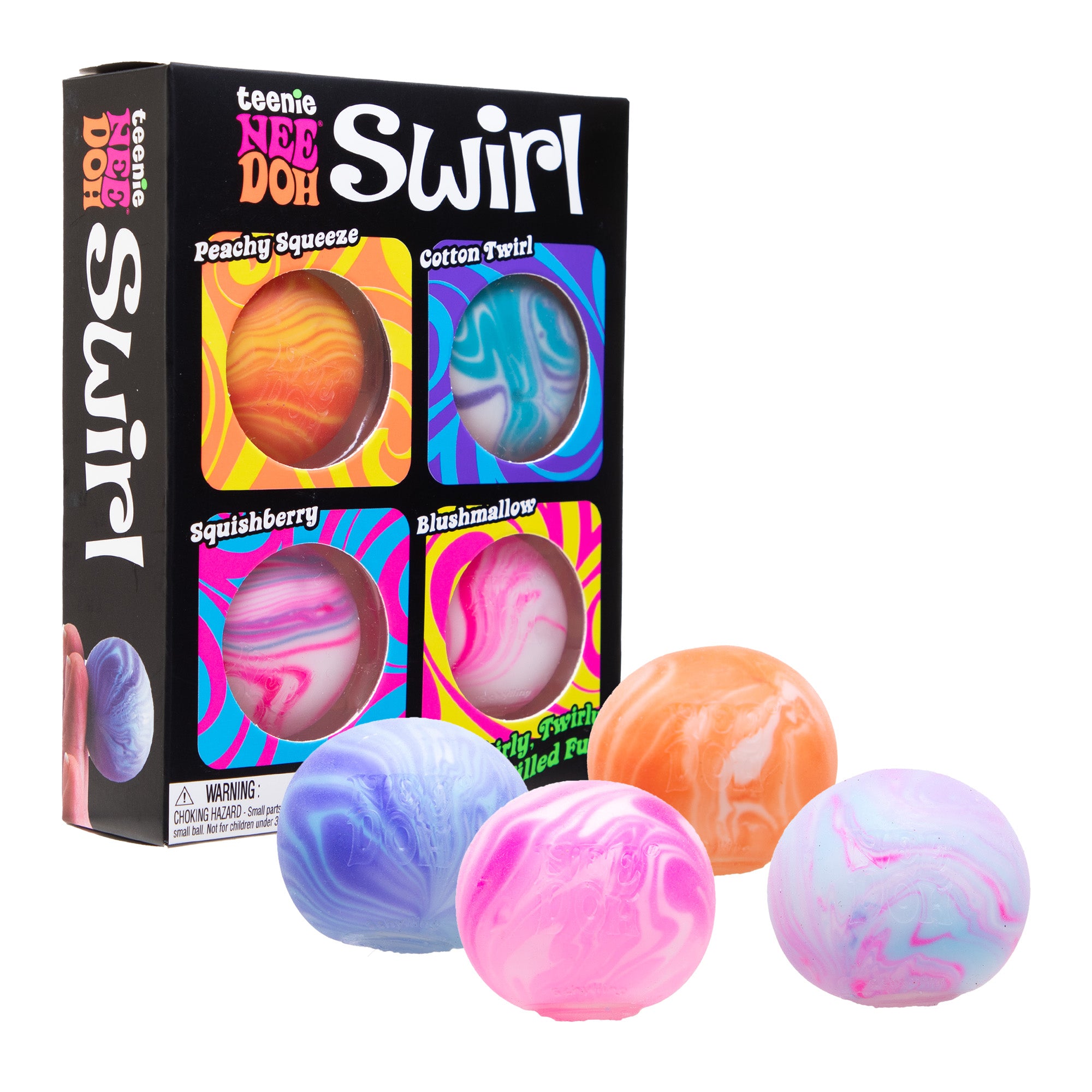 NeeDoh colorful marbled balls with Teenie Weenie Swirl packaging on a white background