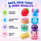 Assorted squishy toys with safety features highlighted on a white background