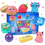 Squishy Fun Box sensory toy set with a blue retail box and multiple toy pieces including a yellow butter, translucent blue ice cubes, a pink cow, a dinosaur, a strawberry and other textured food-like shapes, arranged on a white background with small star confetti.