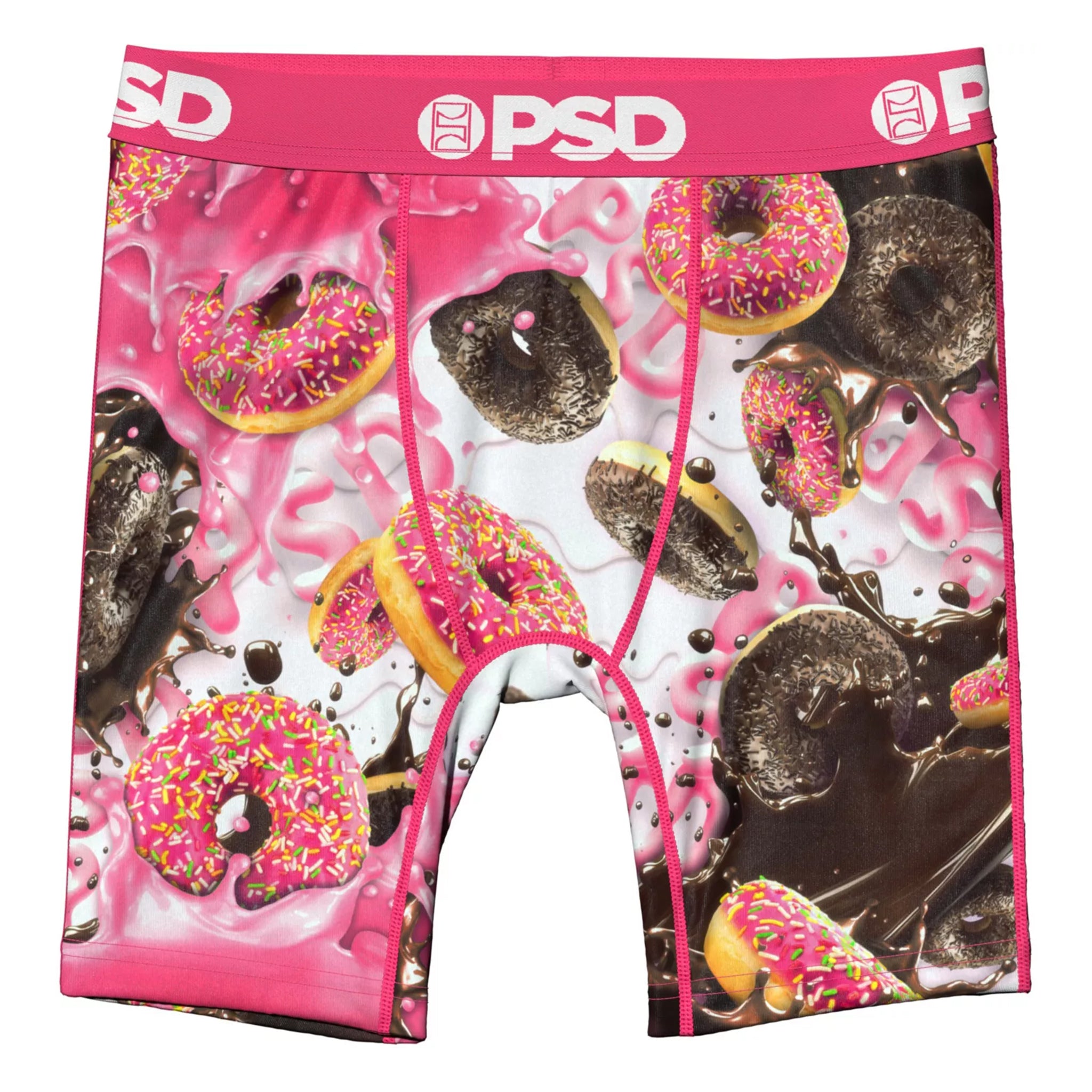 A pair of men's boxer briefs featuring a vibrant graphic print of donuts with pink, chocolate, and vanilla glazes on a white background, with a bright pink waistband displaying the 'PSD' logo.
