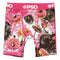 A pair of men's boxer briefs featuring a vibrant graphic print of donuts with pink, chocolate, and vanilla glazes on a white background, with a bright pink waistband displaying the 'PSD' logo.