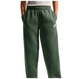 A person wearing dark green sweatpants with a white Nike logo on the left hip, shown from the waist down against a plain white background.