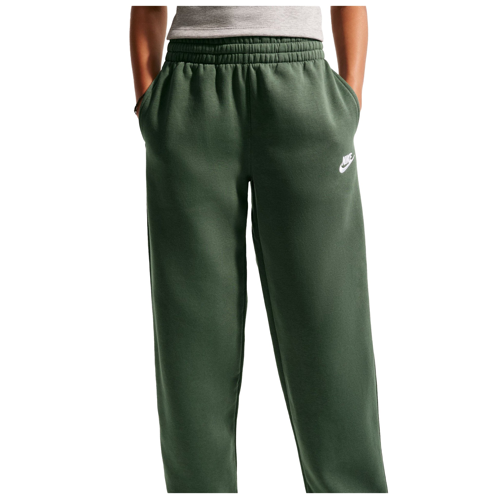 A person wearing dark green sweatpants with a white Nike logo on the left hip, shown from the waist down against a plain white background.