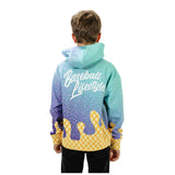 A child viewed from behind wearing a colorful gradient hoodie with a yellow ice cream cone design and 'Baseball Lifestyle' text on the back, set against a plain white background.