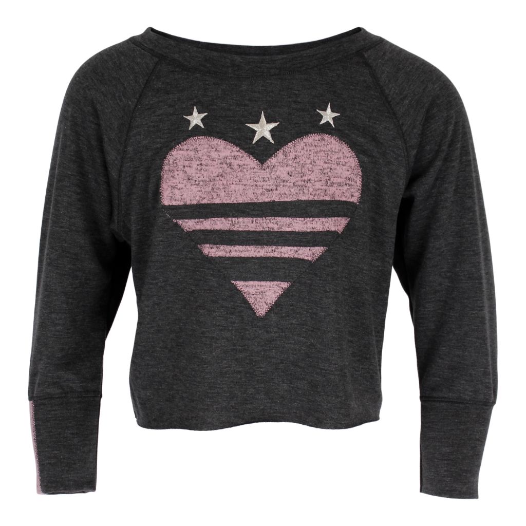 Long Sleeve Cropped Raglan with Pink Striped Heart - Denny's