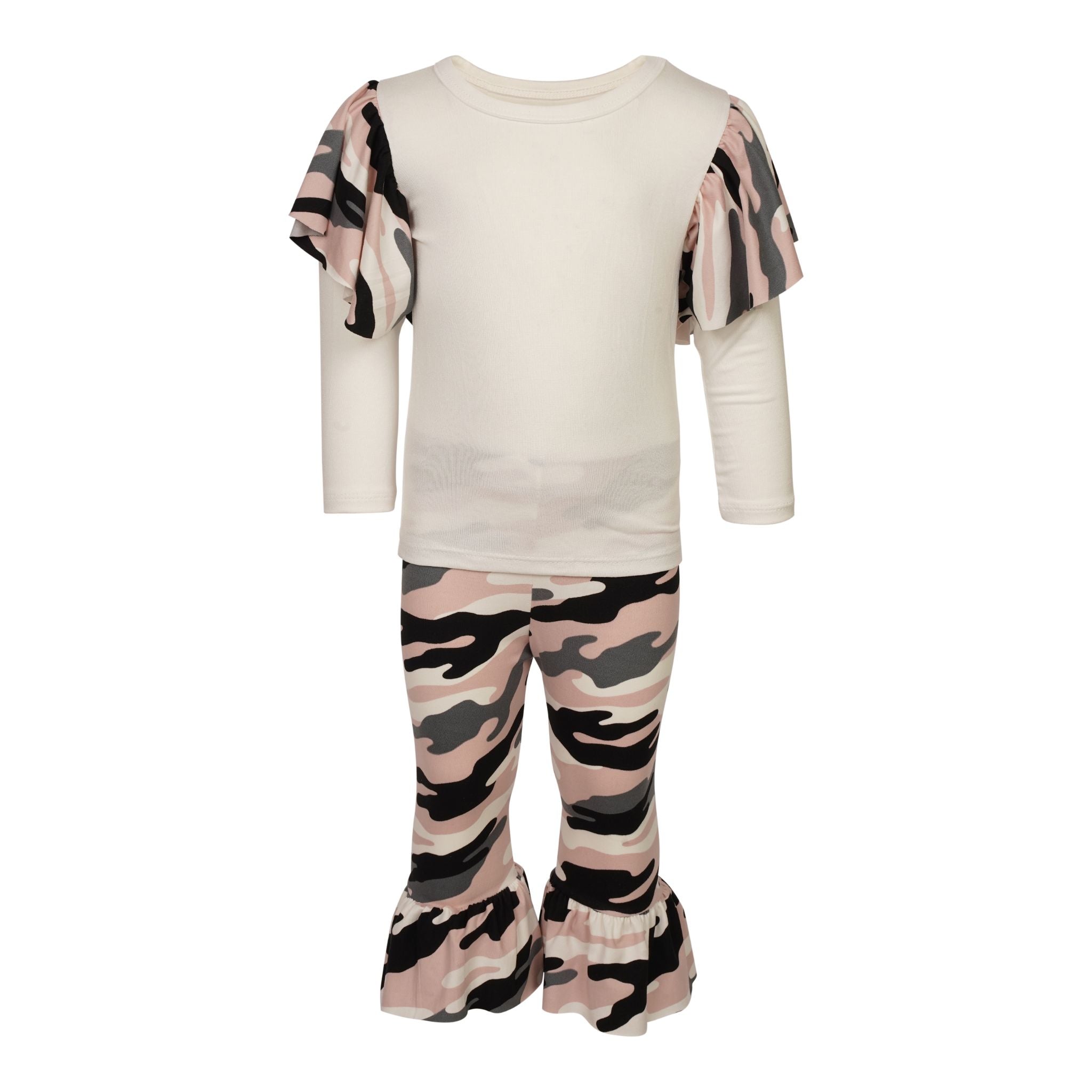 Camo Ruffle Shoulder Tee and Bell Pant Set - Denny's