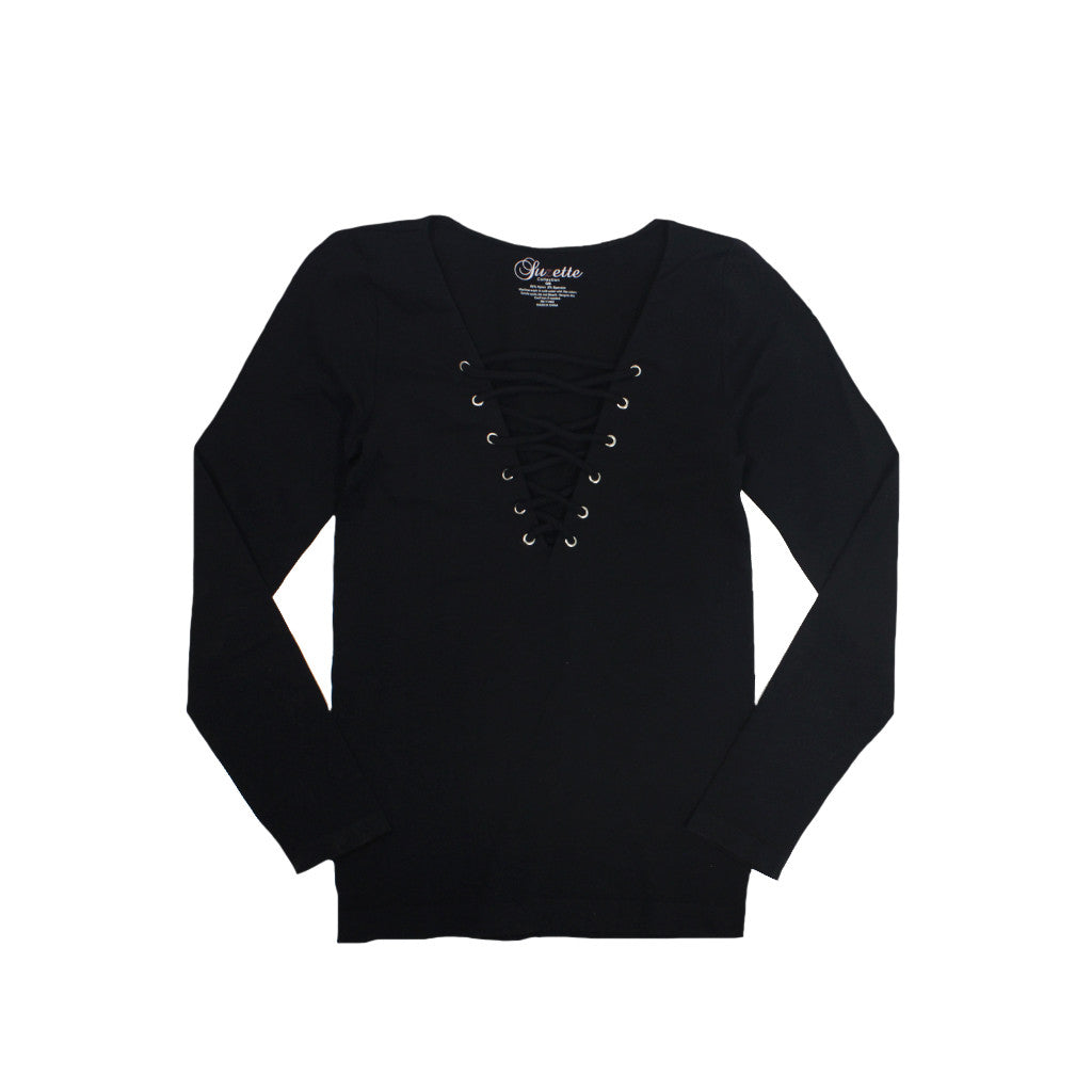 Long Sleeve Criss Cross Grommet Lace Up - Denny's