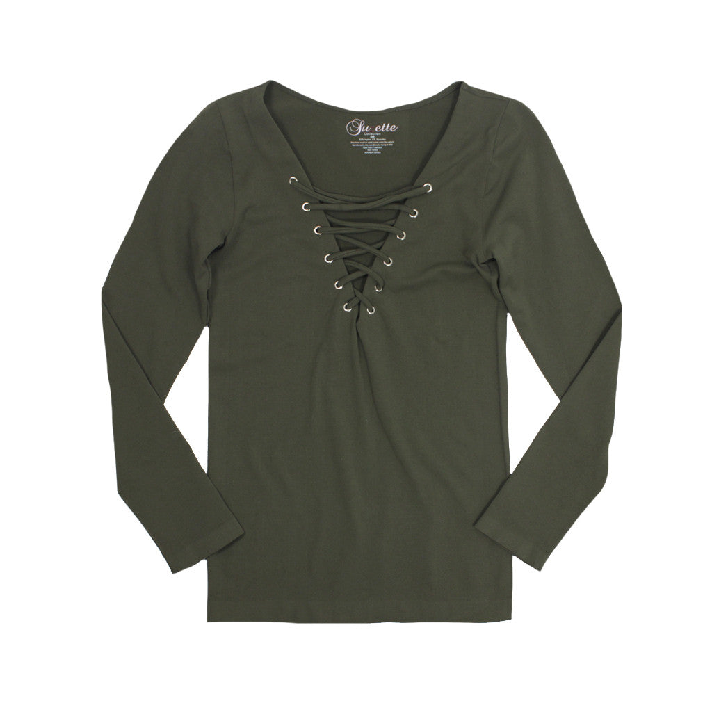 Long Sleeve Criss Cross Grommet Lace Up - Denny's