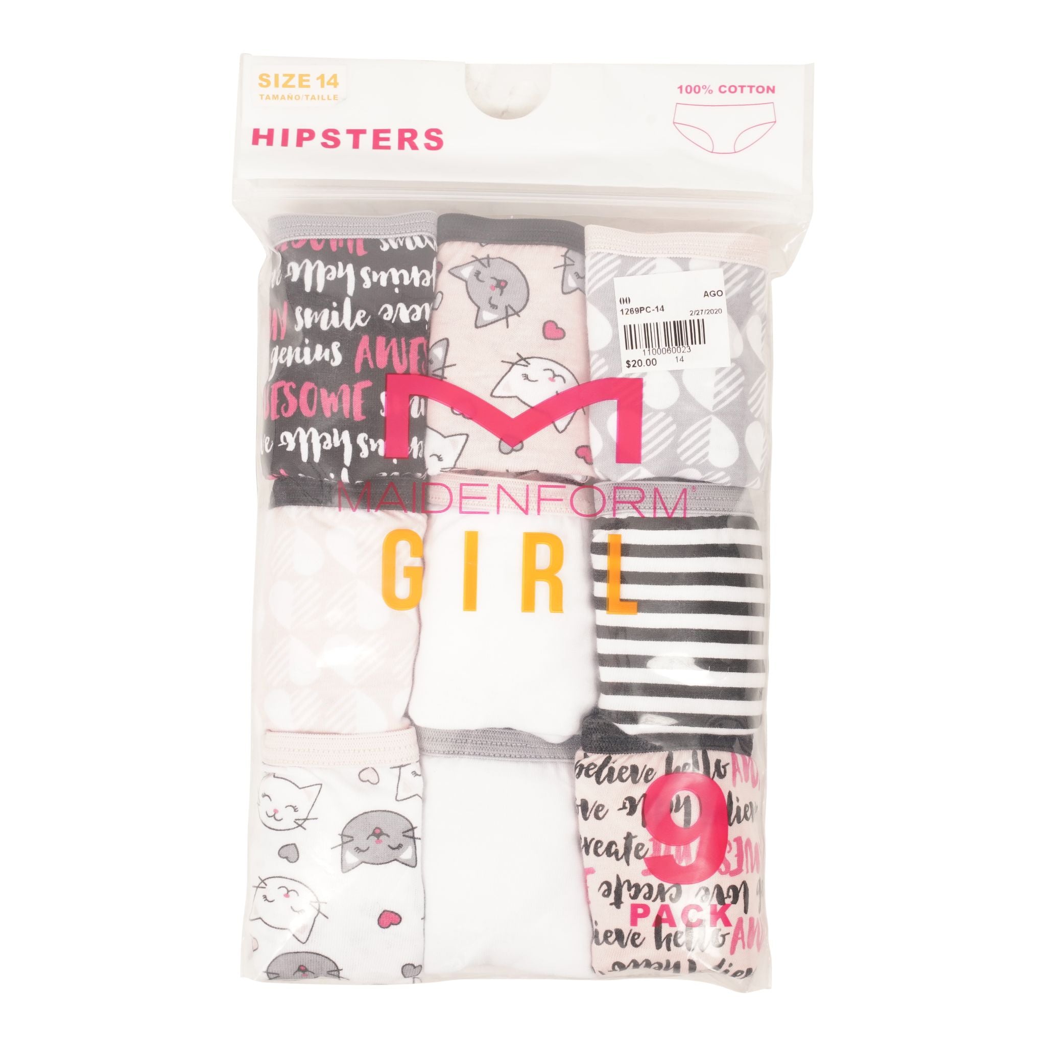 Positive Cats 9 Pack Cotton Hipsters - 7-14 Girl - Denny's