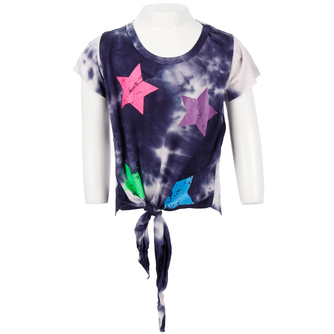 Short Sleeve Tie Front Top With Neon Stars - Denny's