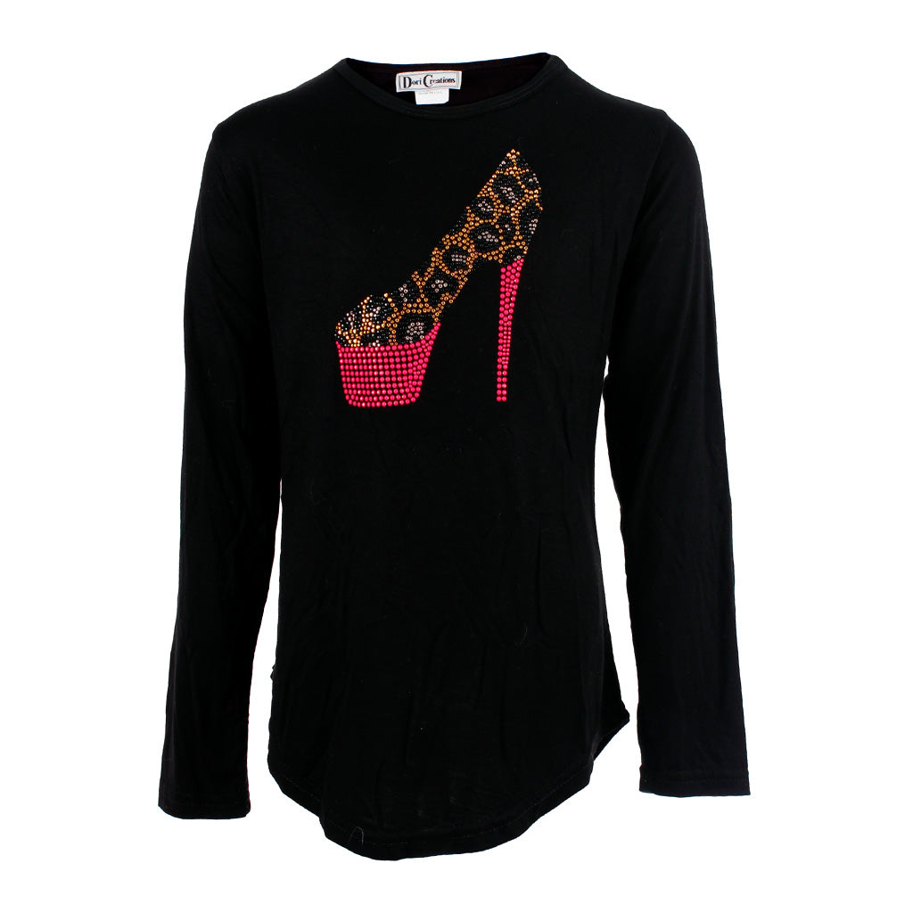 Long Sleeve Rounded Bottom Tee with Leopard Heel - Denny's