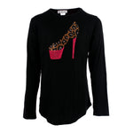 Long Sleeve Rounded Bottom Tee with Leopard Heel - Denny's