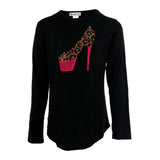 Long Sleeve Rounded Bottom Tee with Leopard Heel - Denny's
