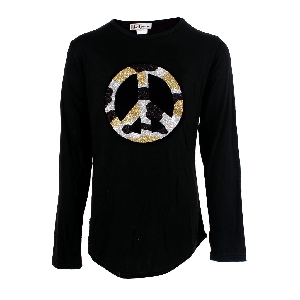 Long Sleeve Rounded Bottom Top with Glitter Camo Peace Sign - Denny's