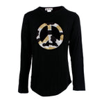 Long Sleeve Rounded Bottom Top with Glitter Camo Peace Sign - Denny's