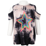 Short Sleeve Cold Shoulder Top With Neon Star - Denny's