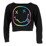 Long Sleeve Crop Top w Neon Ombre Smiley - Denny's