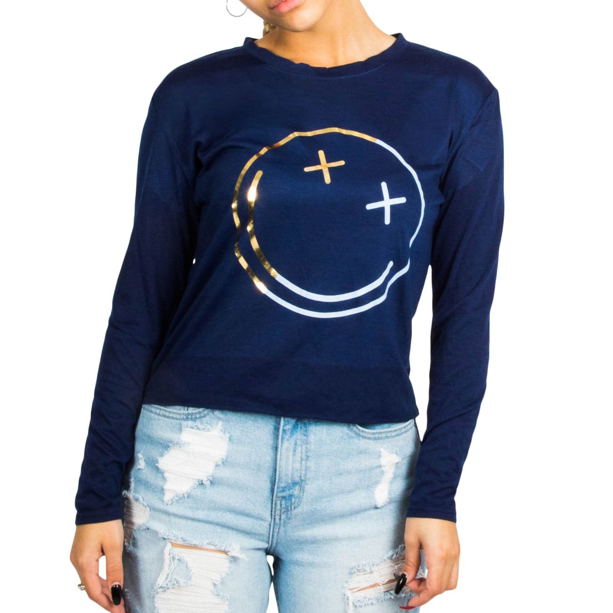 Long Sleeve Foil Two Tone Smiley Crop Tee - Denny's