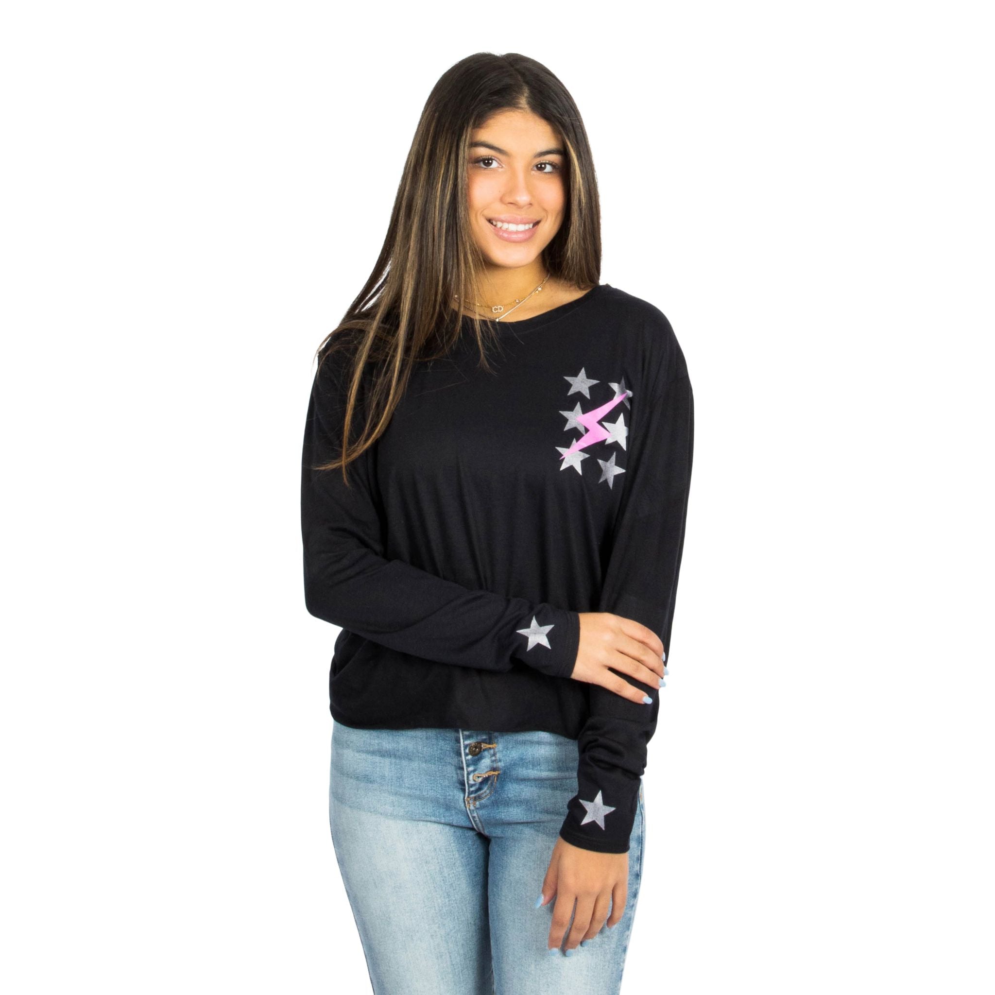 Multi Stars & Pink Bolt  Crop Tee - Denny's
