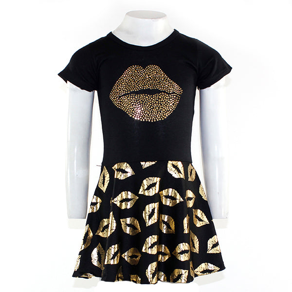 Short Sleeve Gold Dress With Gold Lips - Denny's