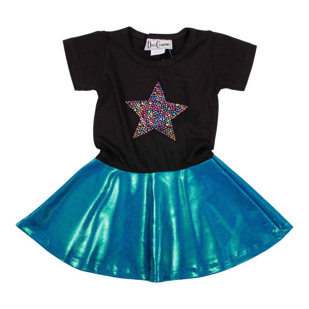 Short Sleeve Dress with Star & Blue/Green Lame Bottom - Denny's