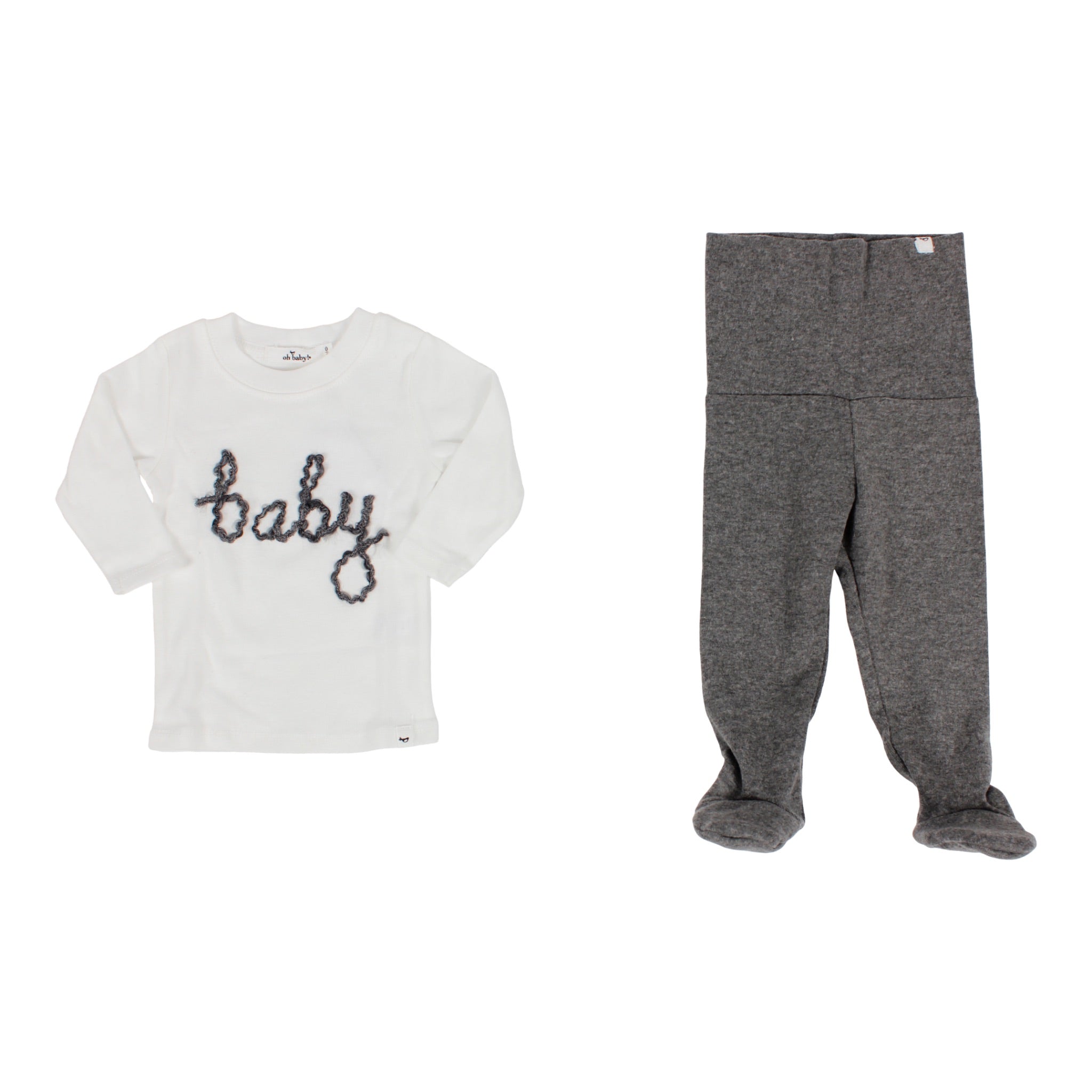 Two Piece Set Long Sleeve Top with Charcoal Baby Script & Footie Legging - Denny's