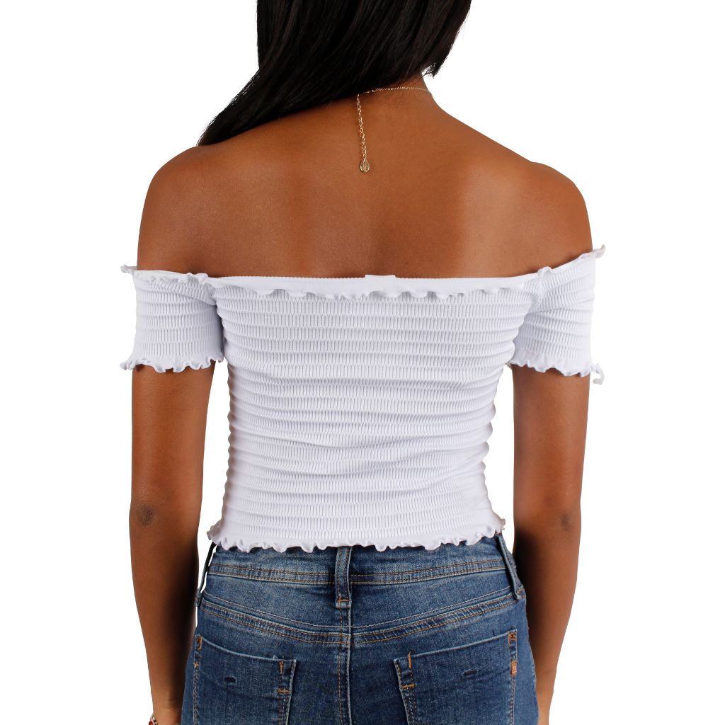 Cinch Tie Front Off Shoulder Crop - Denny's