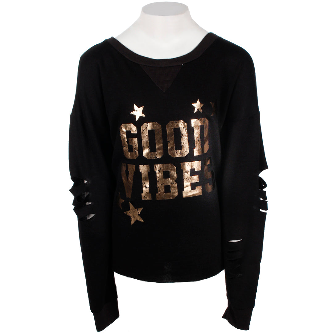 Long Sleeve Top with Cut Sleeves and Good Vibe Stars - Denny's