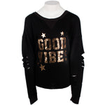 Long Sleeve Top with Cut Sleeves and Good Vibe Stars - Denny's