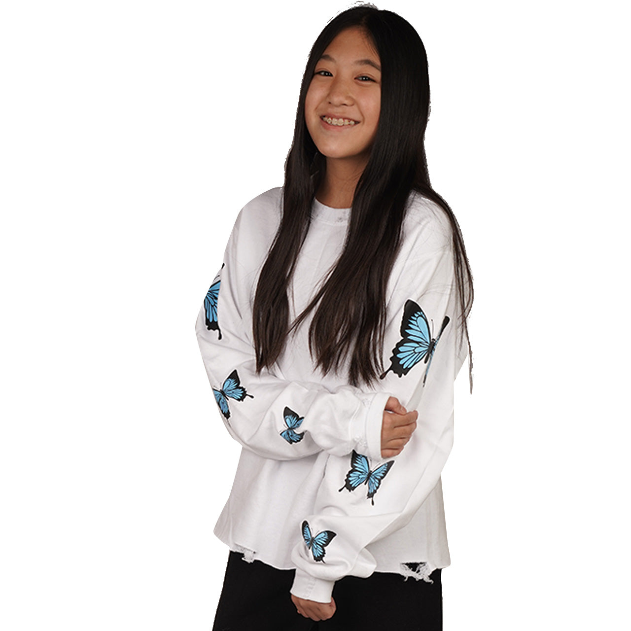 Cropped Blue Butterfly Distressed Sweatshirt - Denny's
