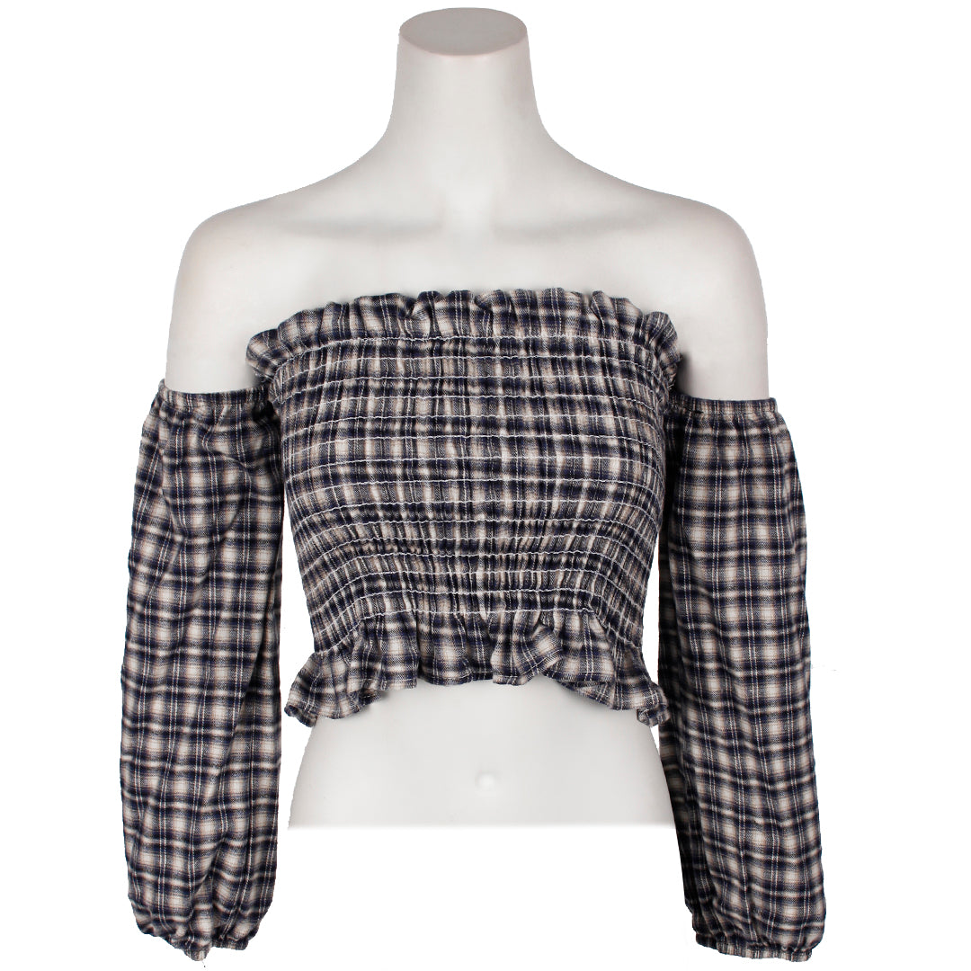 Plaid Off Shoulder Bell Slv Top - Denny's