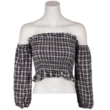 Plaid Off Shoulder Bell Slv Top - Denny's