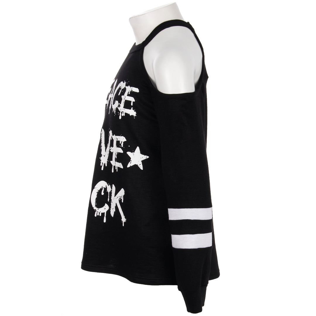Long Sleeve Cold Shoulder with Peace Love Rock - Denny's