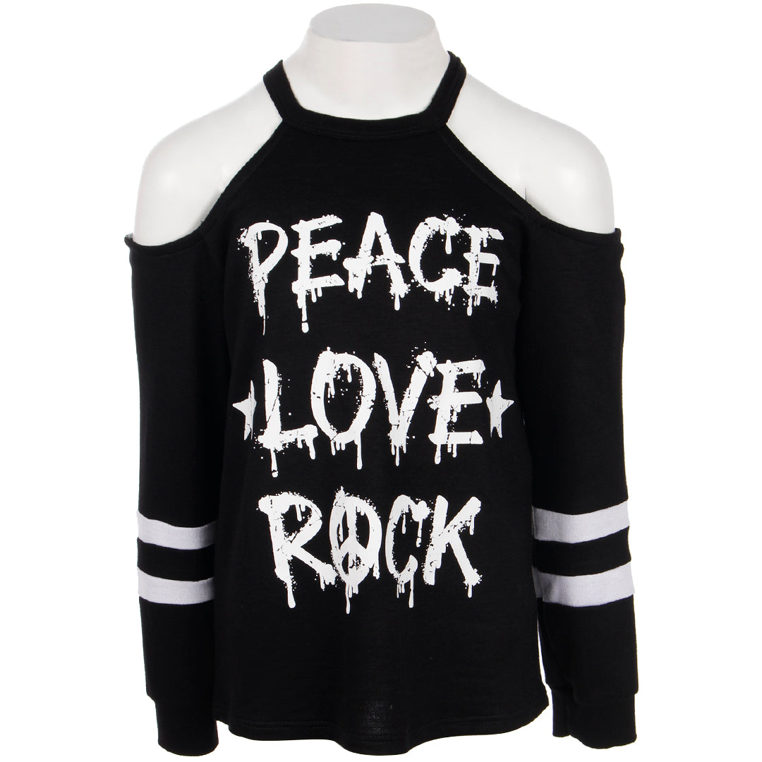 Long Sleeve Cold Shoulder with Peace Love Rock - Denny's