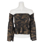 Off Shoulder Camo Smocked Bell Sleeve Top - Denny's