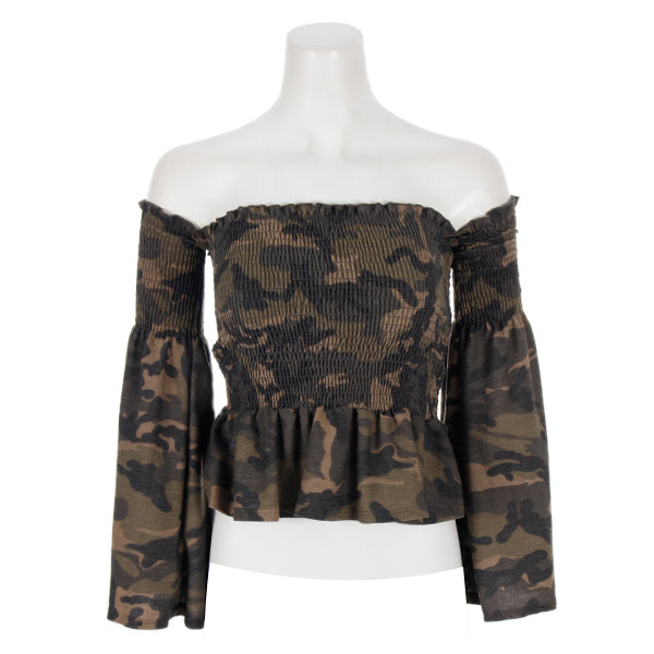 Off Shoulder Camo Smocked Bell Sleeve Top - Denny's